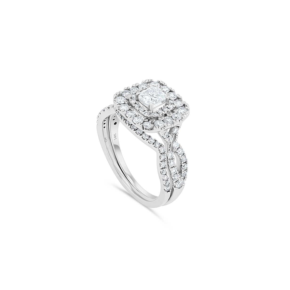 White Gold Princess Hidden Halo Split Shank Engagement Ring