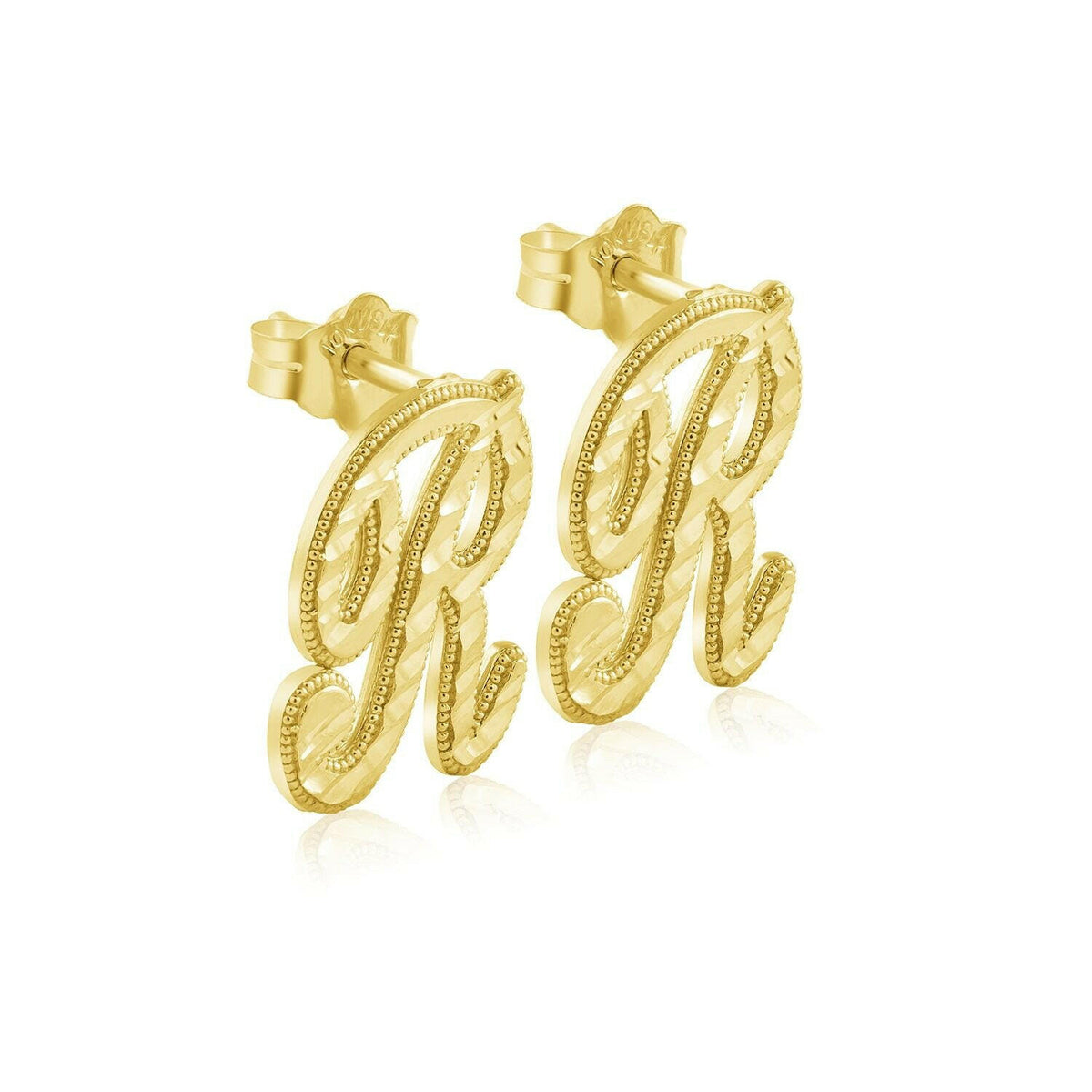 10K Gold Diamond Cut Initial Stud Earrings