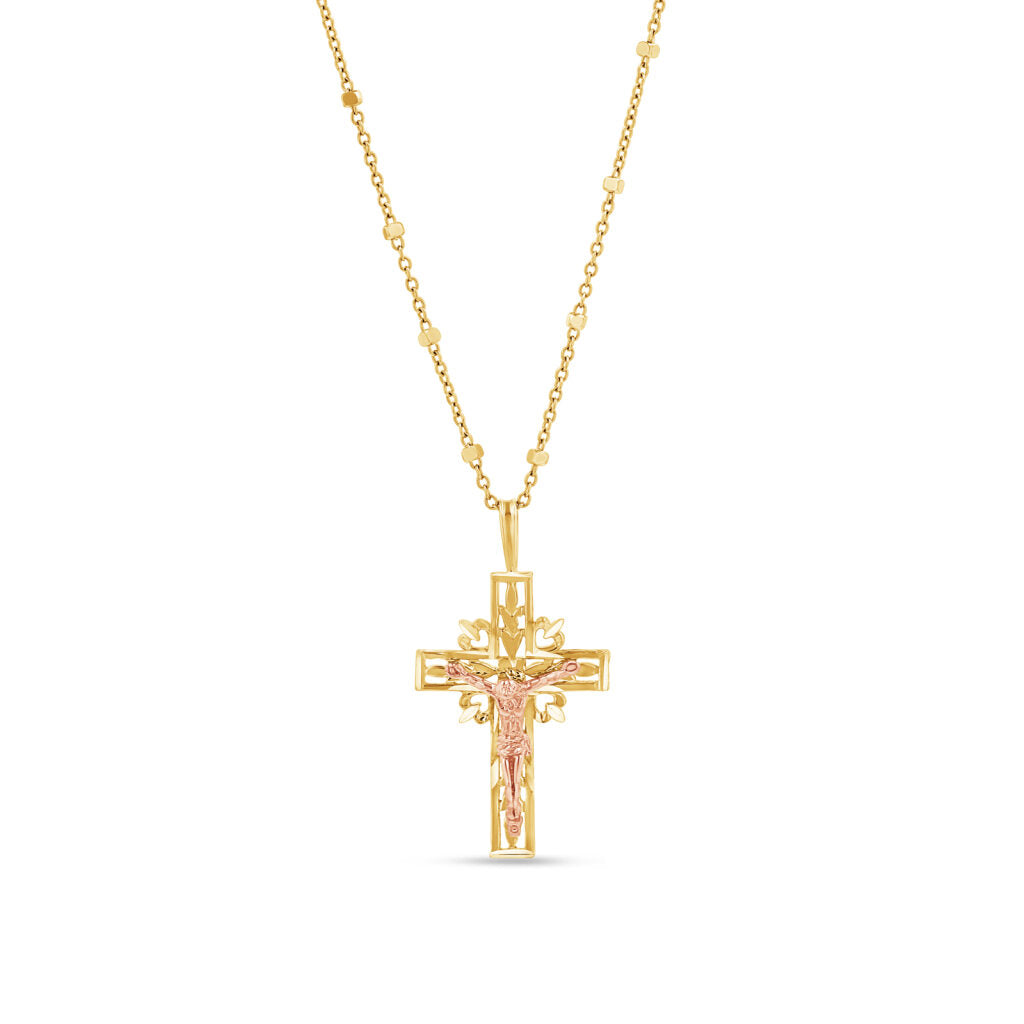 14K Two-Tone Gold Filigree Cross Crucifix Pendant