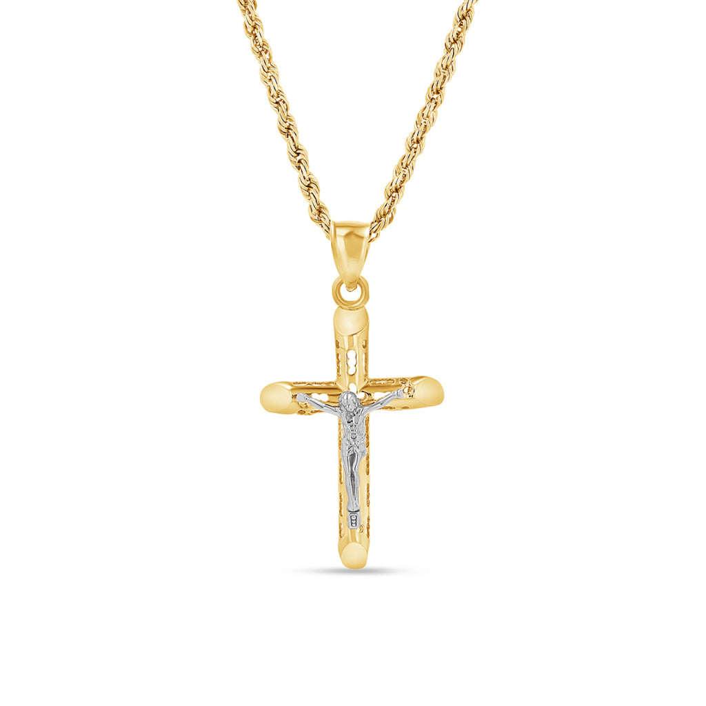 14K Two-Tone Gold Hollow Cross Crucifix Pendant