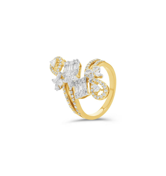 14K Gold Flower & Baguette Diamond Cocktail Ring - 1.85 CTW