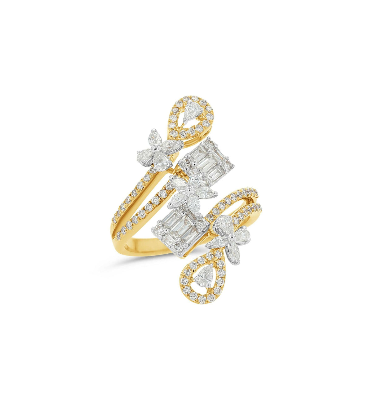 14K Gold Flower & Baguette Diamond Cocktail Ring - 1.85 CTW