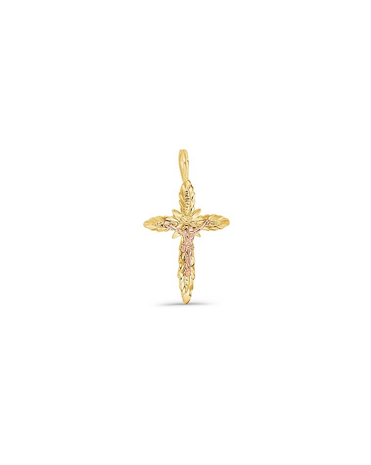 14K Gold Leaf Design Cross Crucifix Pendant