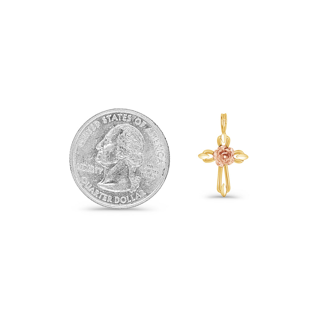 14K Two-Tone Gold Flower Cross Pendant