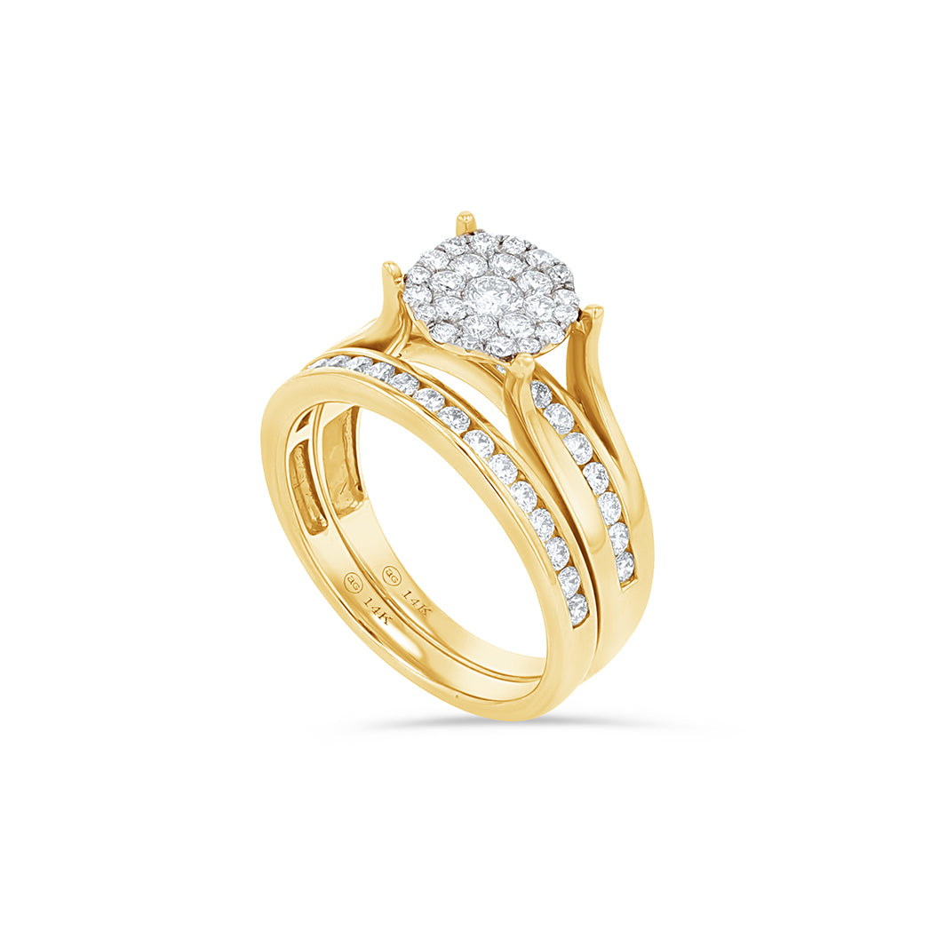 14K Gold Round Cluster Engagement Ring Set