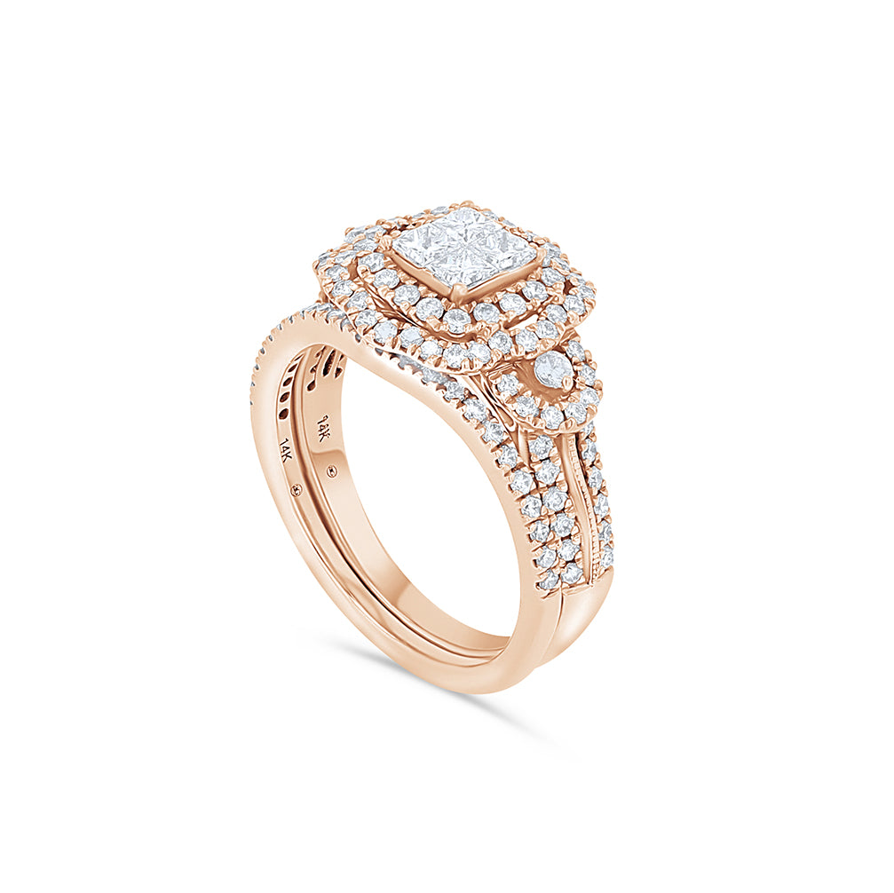 Rose Gold Princess Hidden Halo Unique Engagement Ring