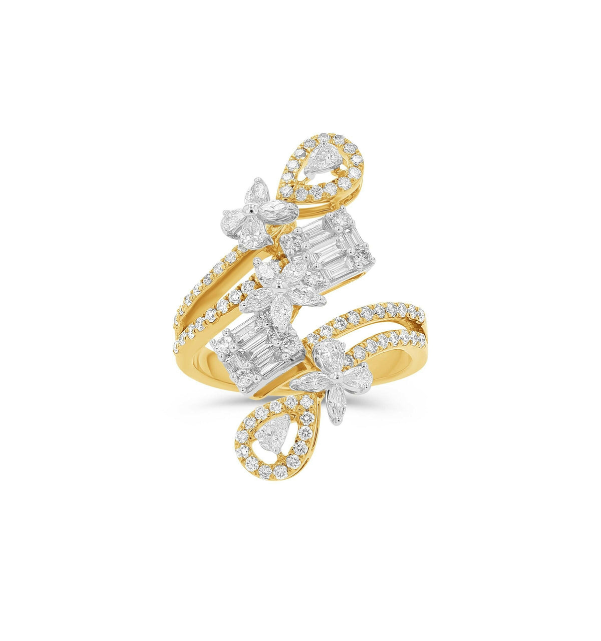 Anillo de cóctel de diamantes con flor y baguette