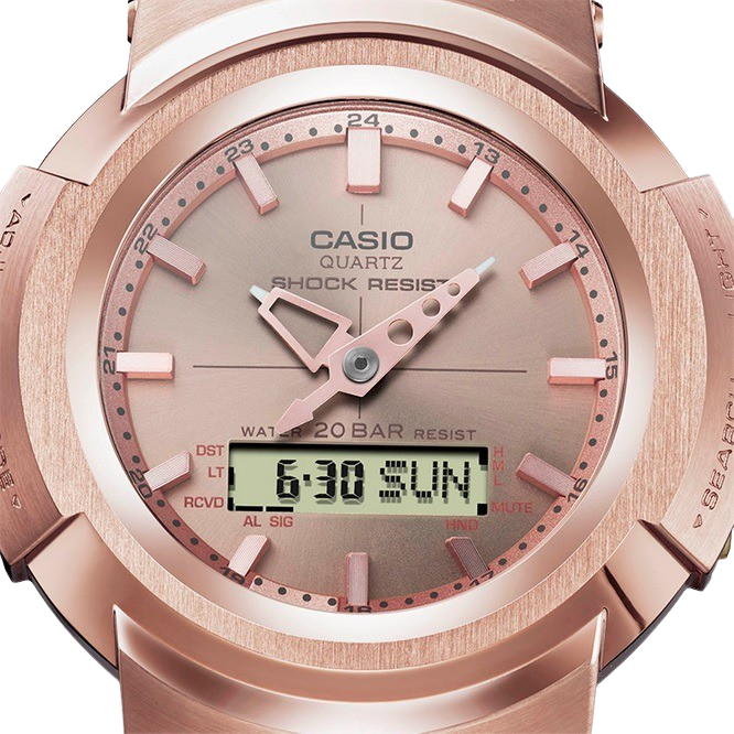 Elegant G-Shock watch in exquisite rose gold finish, blending luxury and durability for a sophisticated style statement.