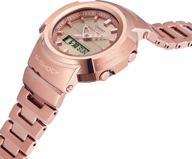 Elegant G-Shock watch in exquisite rose gold finish, blending luxury and durability for a sophisticated style statement.