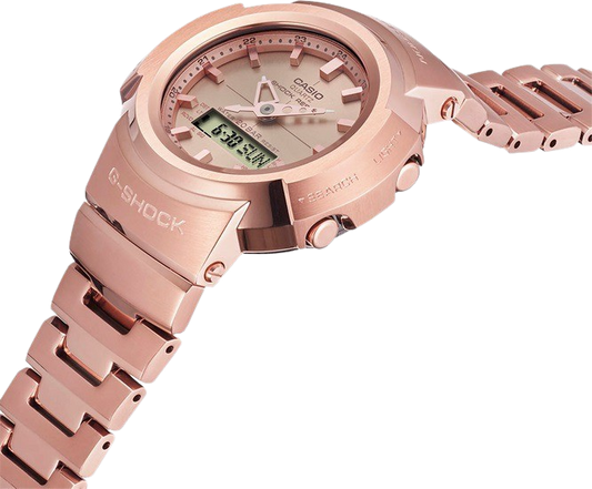 Elegant G-Shock watch in exquisite rose gold finish, blending luxury and durability for a sophisticated style statement.