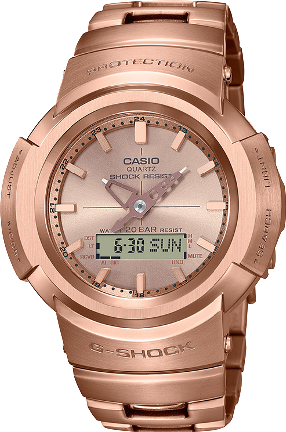 Elegant G-Shock watch in exquisite rose gold finish, blending luxury and durability for a sophisticated style statement.
