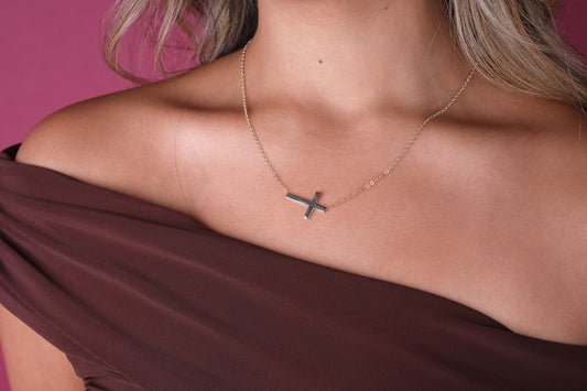 14K Gold Modern Bar Cross Choker Necklace
