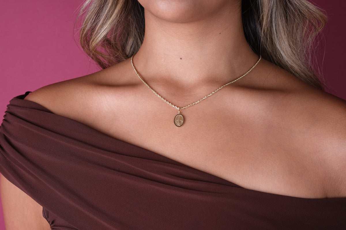 14K Gold Oval Miraculous Virgin Mary Medal Pendant