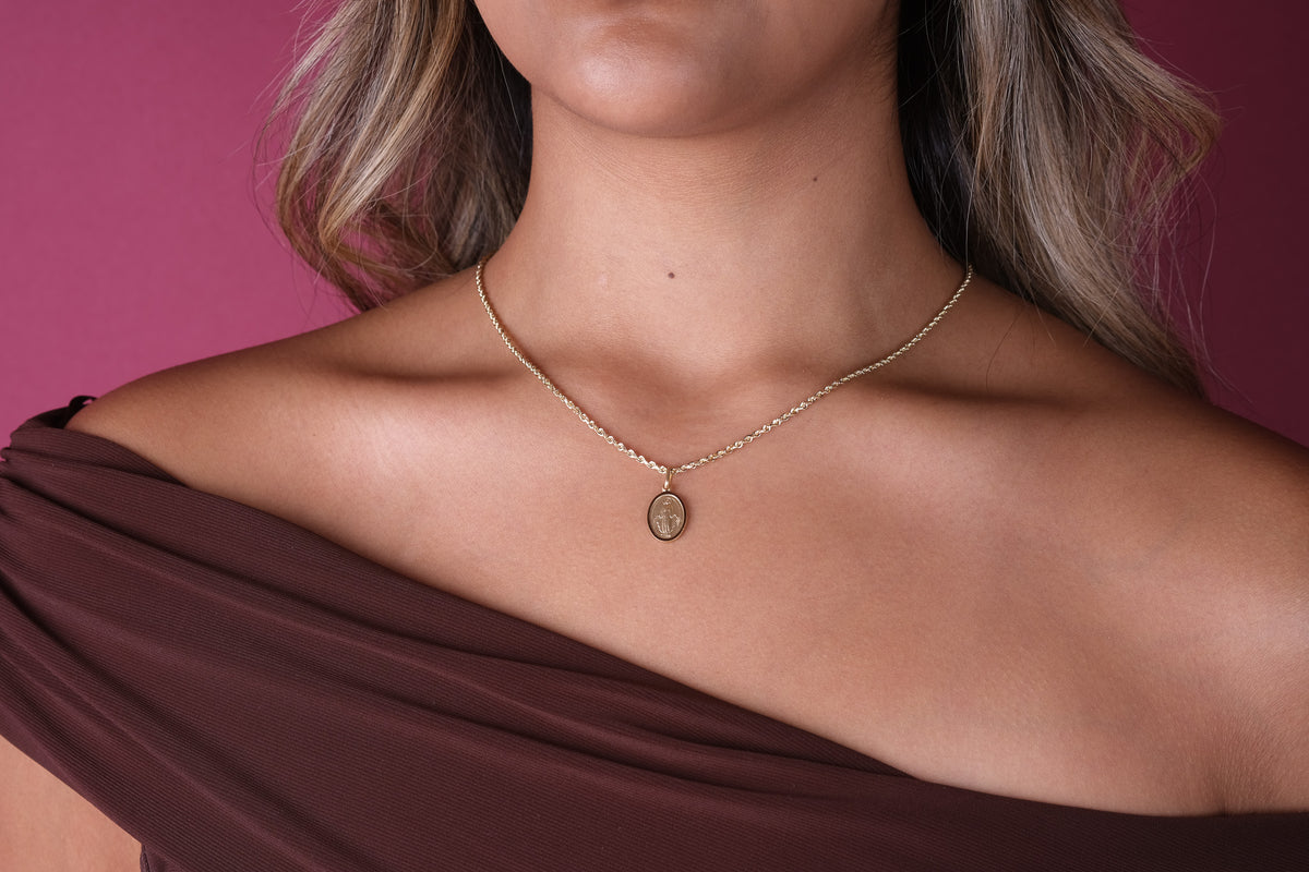 14K Gold Oval Miraculous Virgin Mary Medal Pendant
