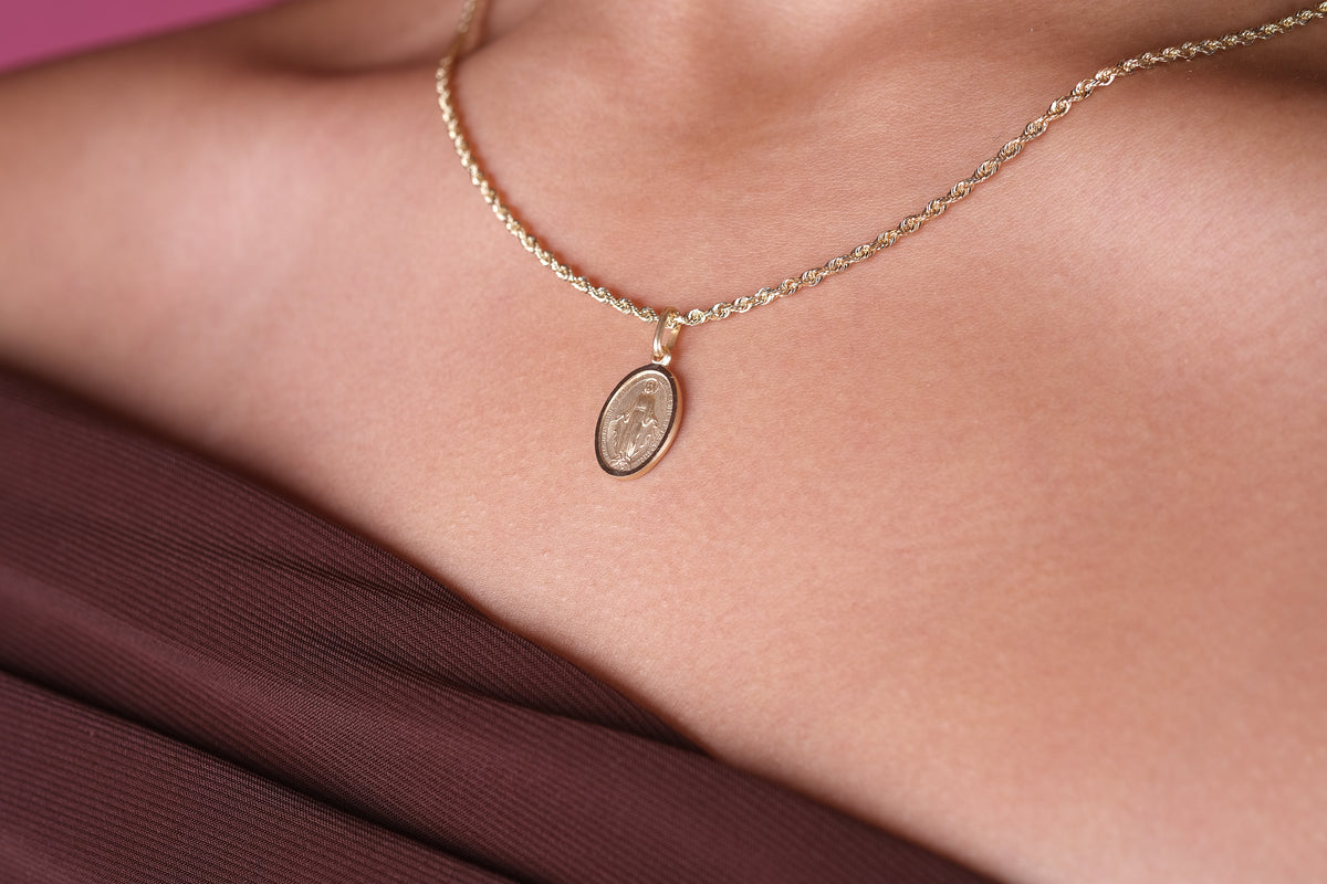 14K Gold Oval Miraculous Virgin Mary Medal Pendant