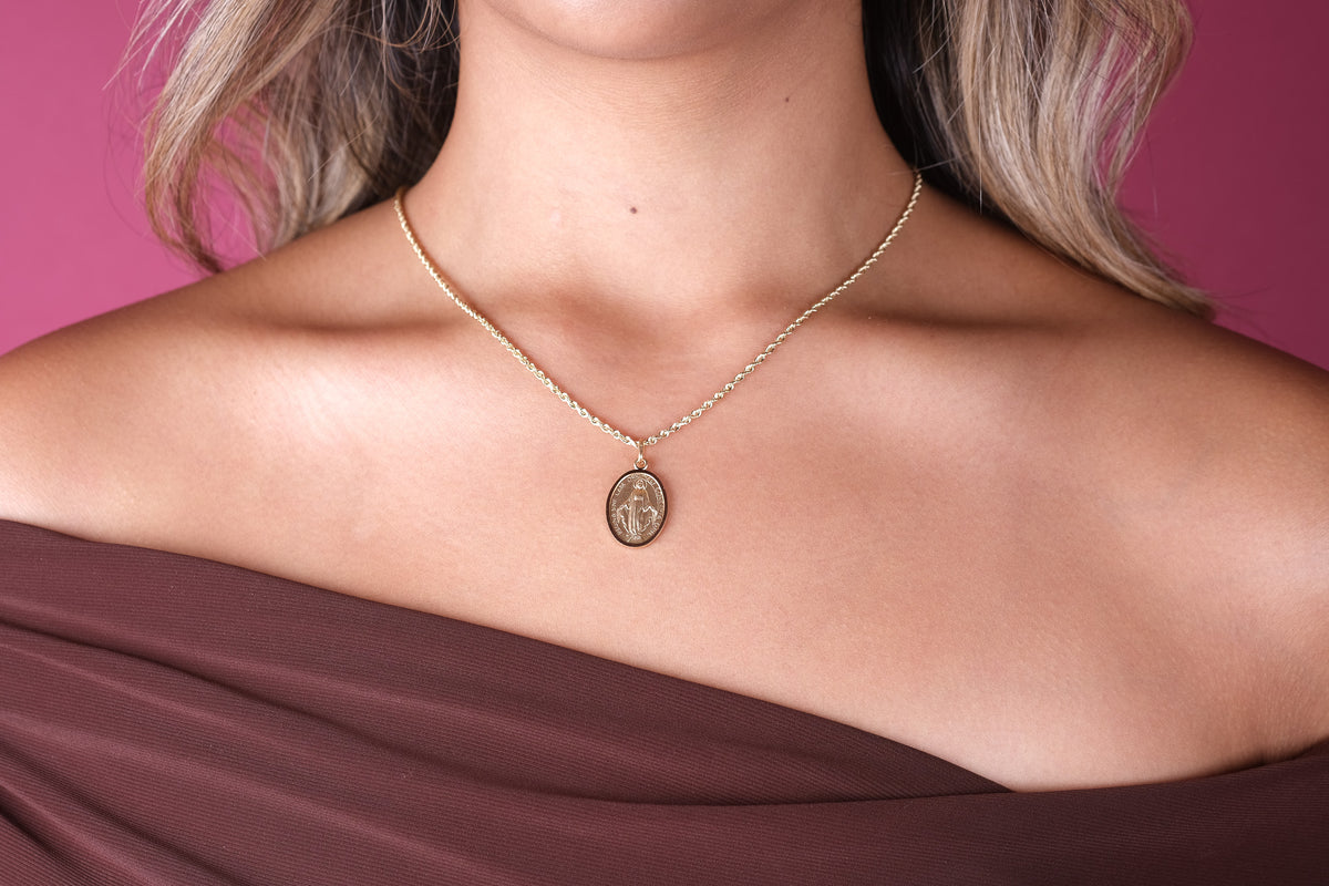 14K Gold Oval Miraculous Virgin Mary Medal Pendant
