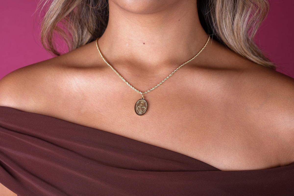 14K Gold Oval Miraculous Virgin Mary Medal Pendant