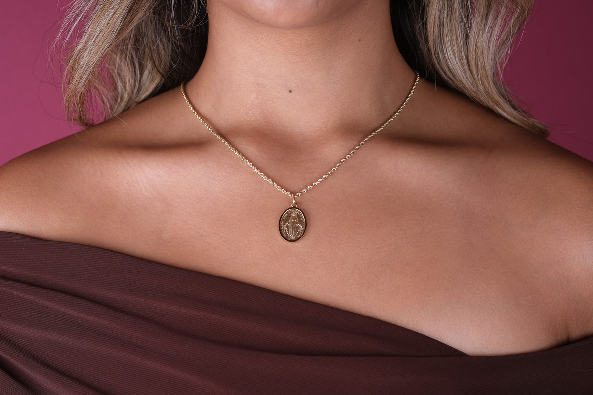 14K Gold Oval Miraculous Virgin Mary Medal Pendant