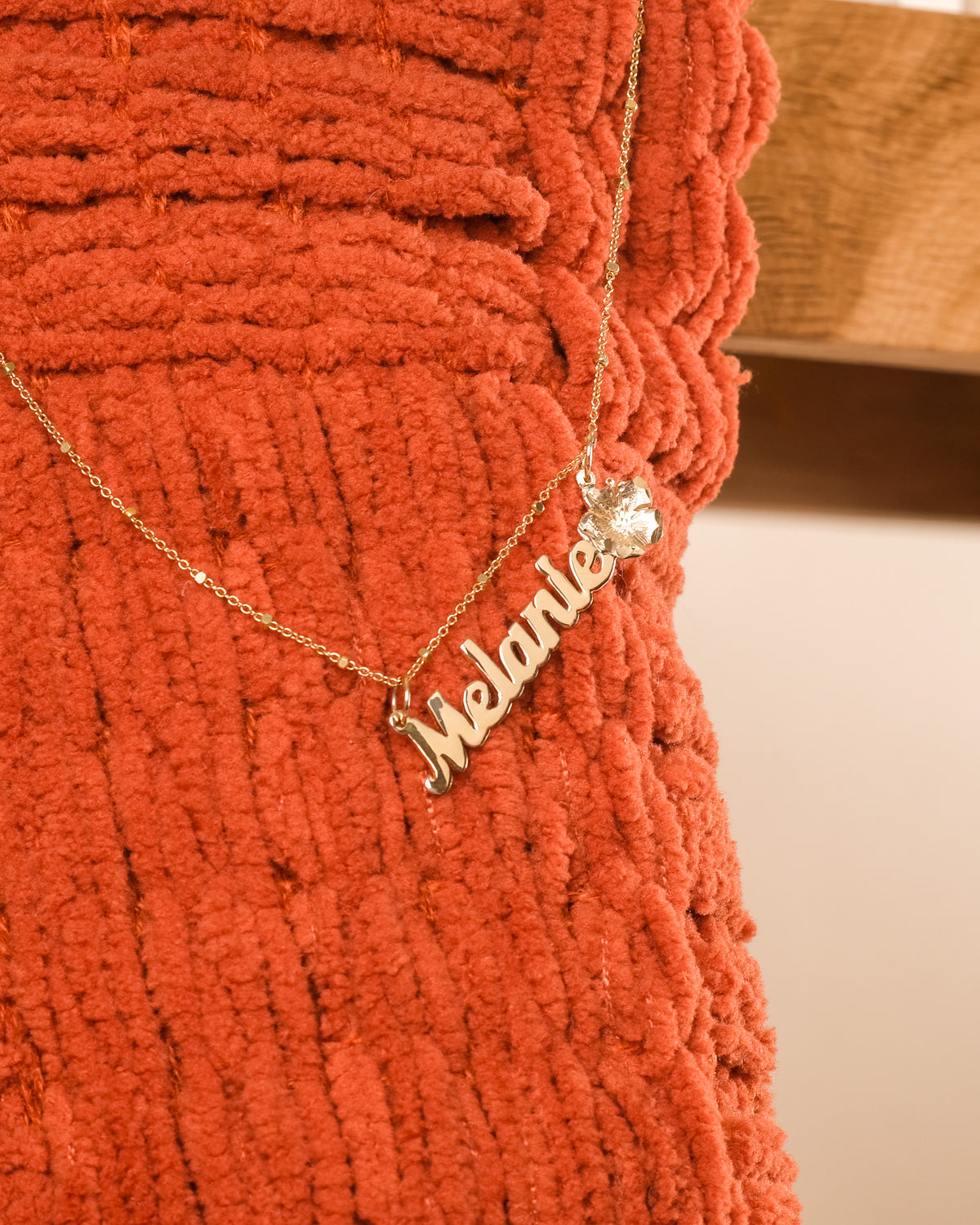Gold Hibiscus Flower Name Pendant