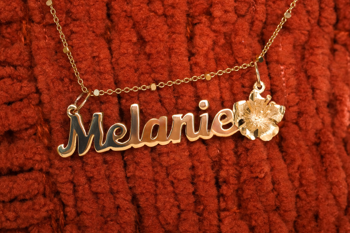 Gold Hibiscus Flower Name Pendant
