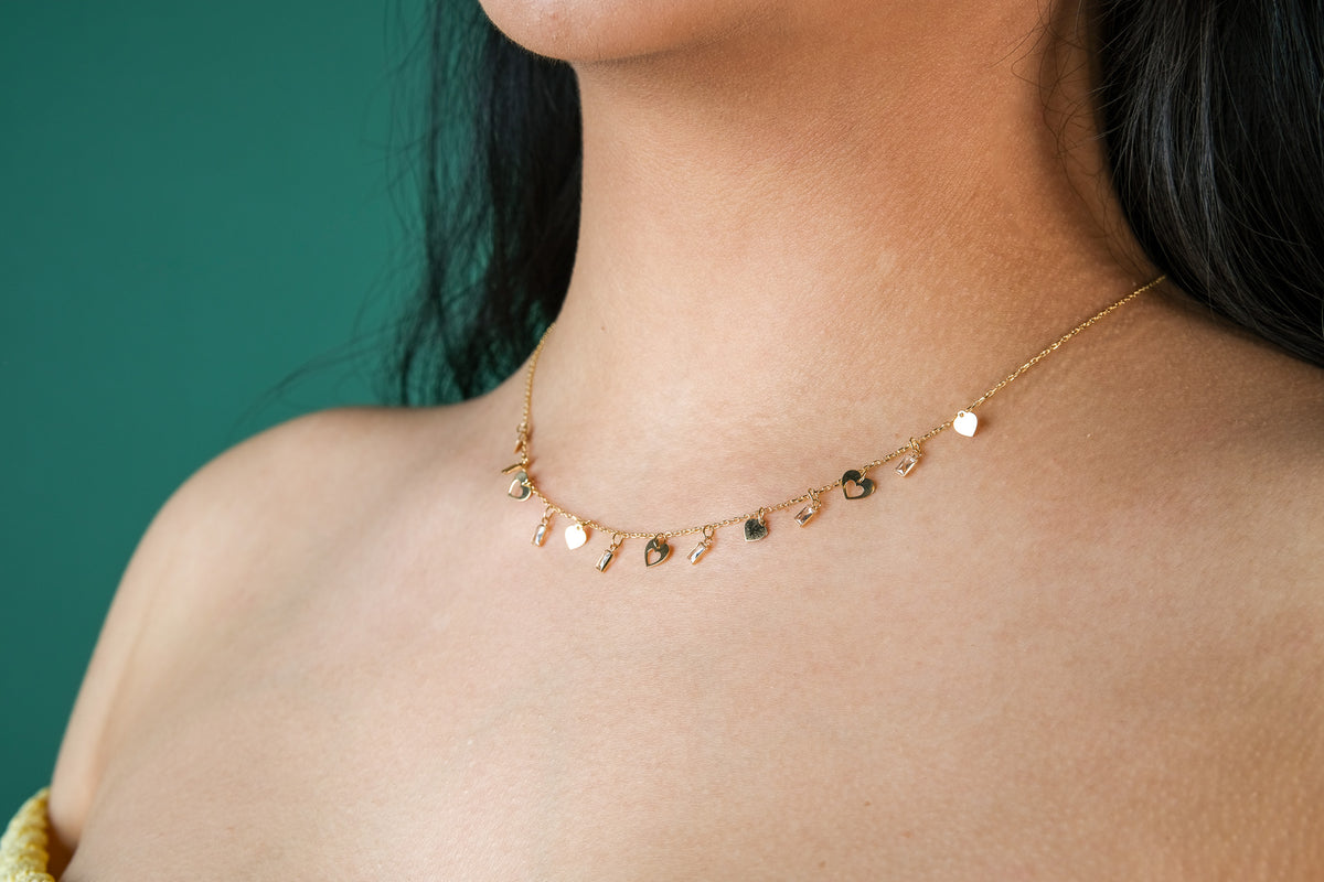 14K Gold Heart & Baguette Choker Necklace