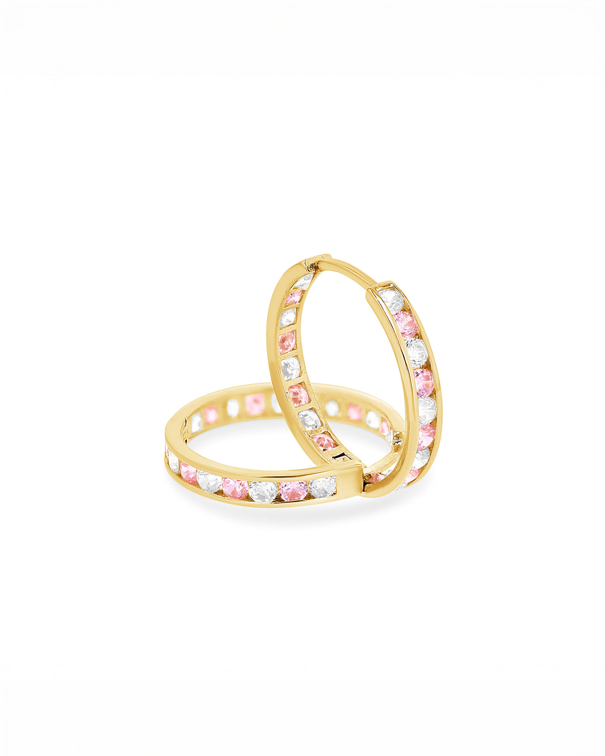 14K Gold Pink & White Channel Huggies