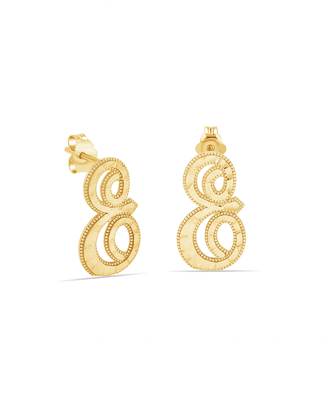 10K Gold Large Cursive Diamond Cut Initial Stud Earrings