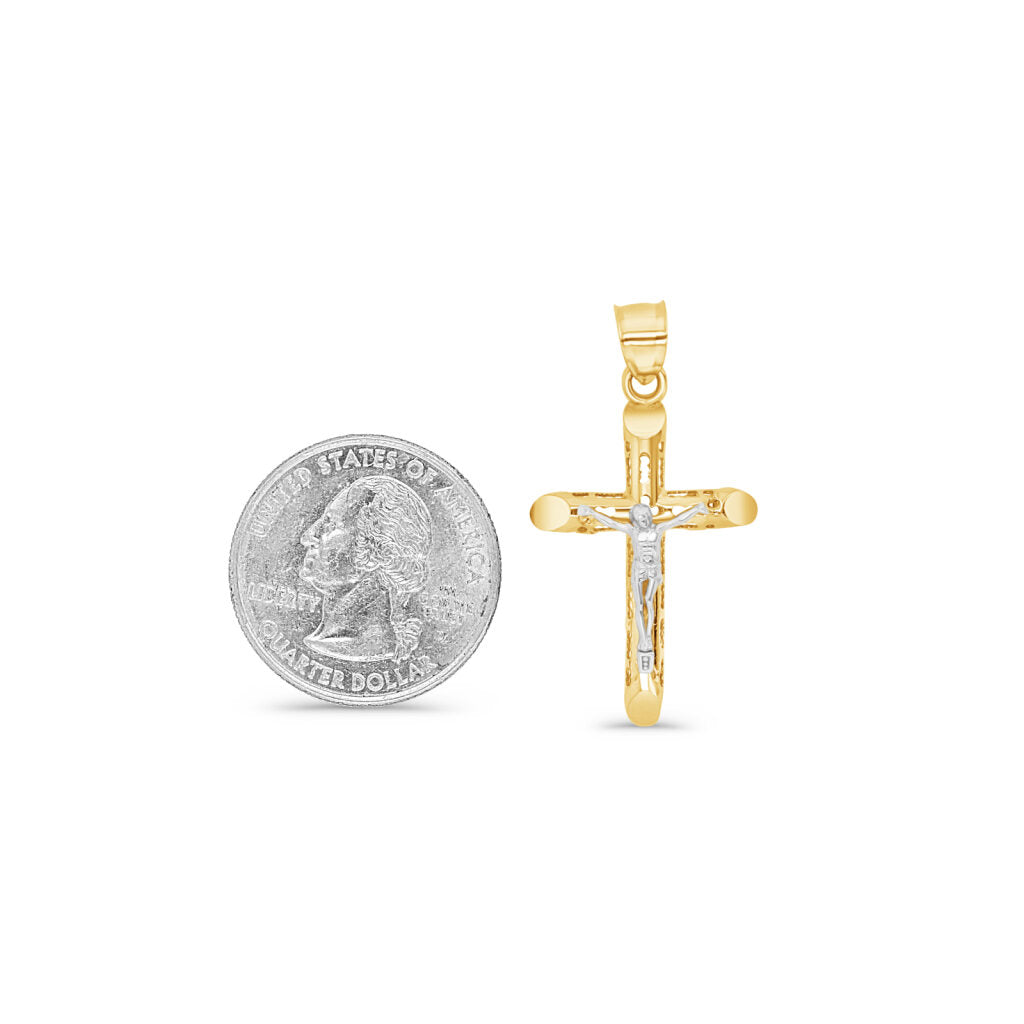 14K Two-Tone Gold Hollow Cross Crucifix Pendant