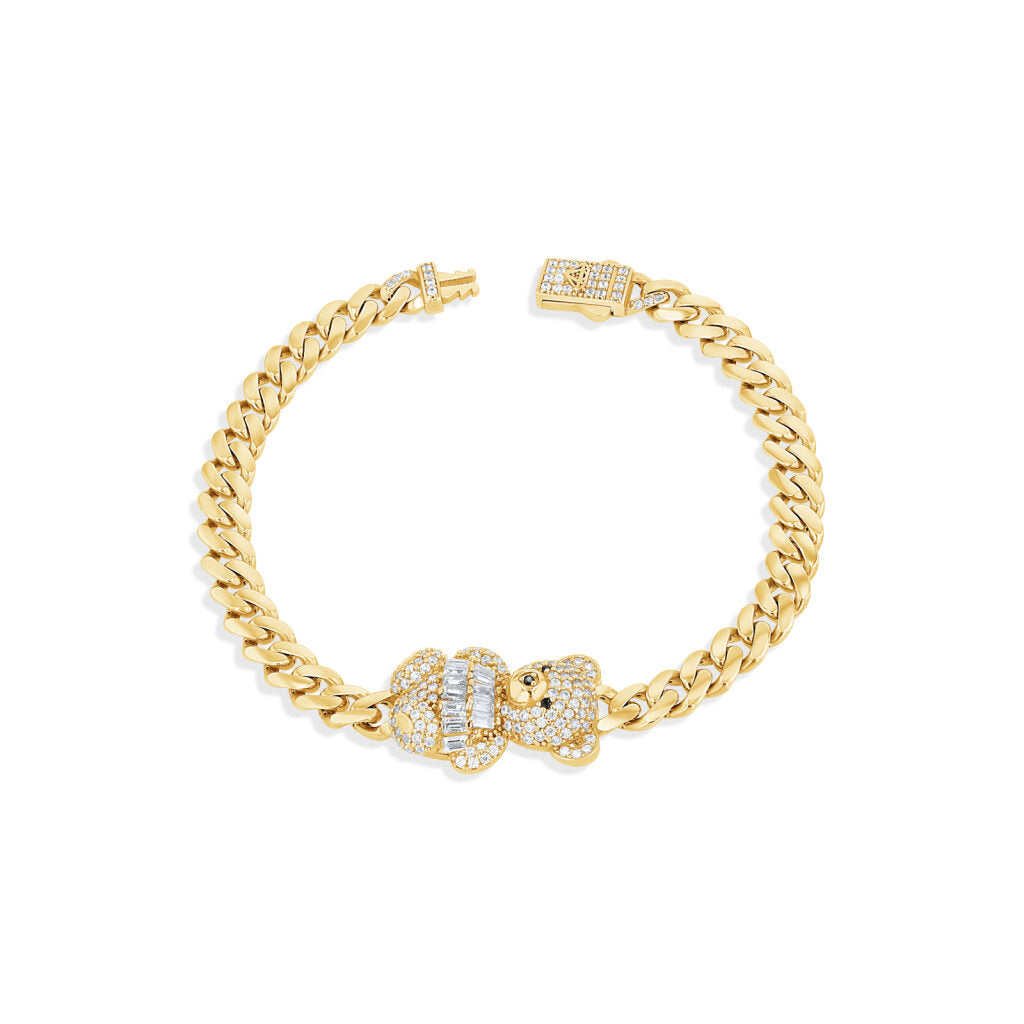 14K Gold Cuban Pavé Bear Bracelet