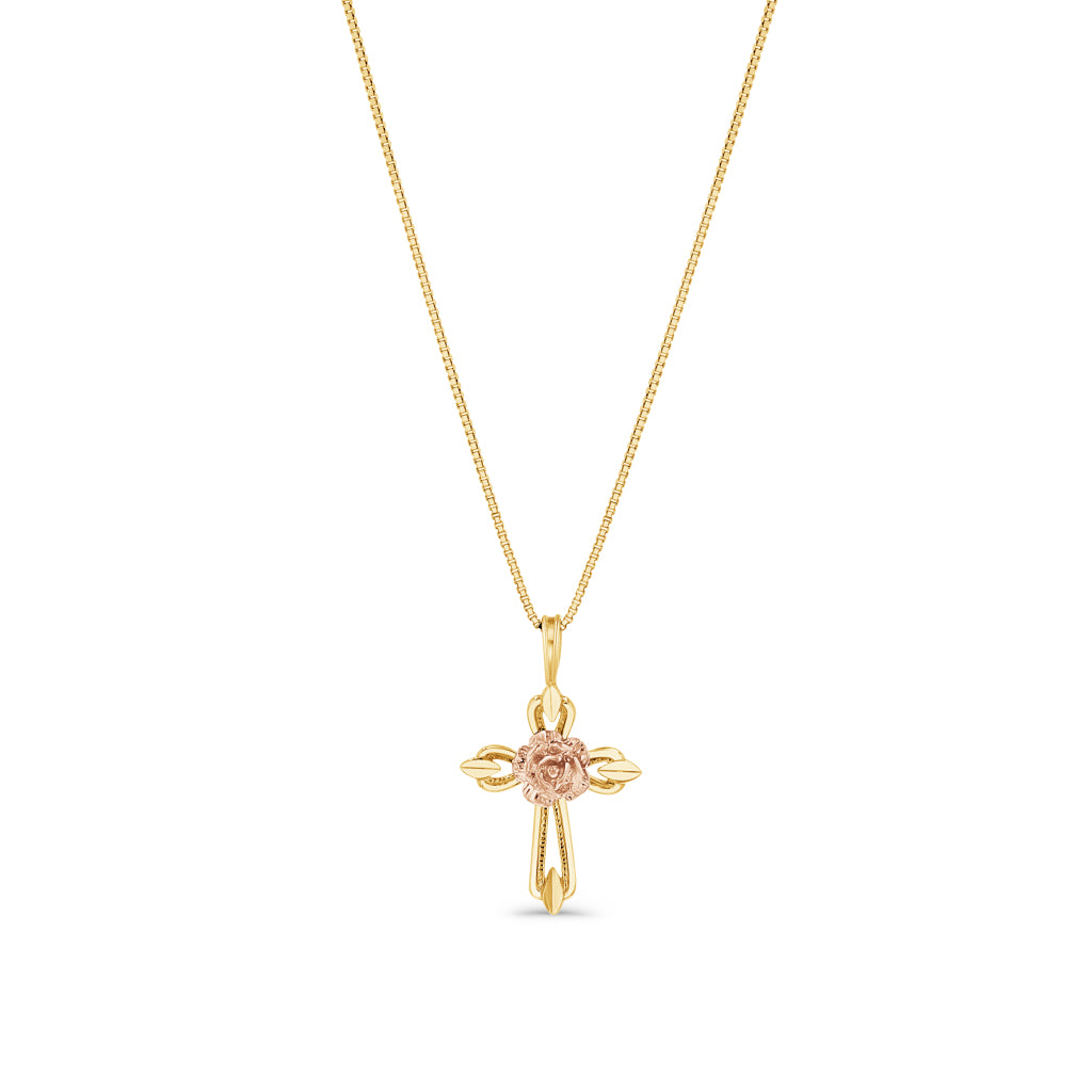 14K Two-Tone Gold Flower Cross Pendant