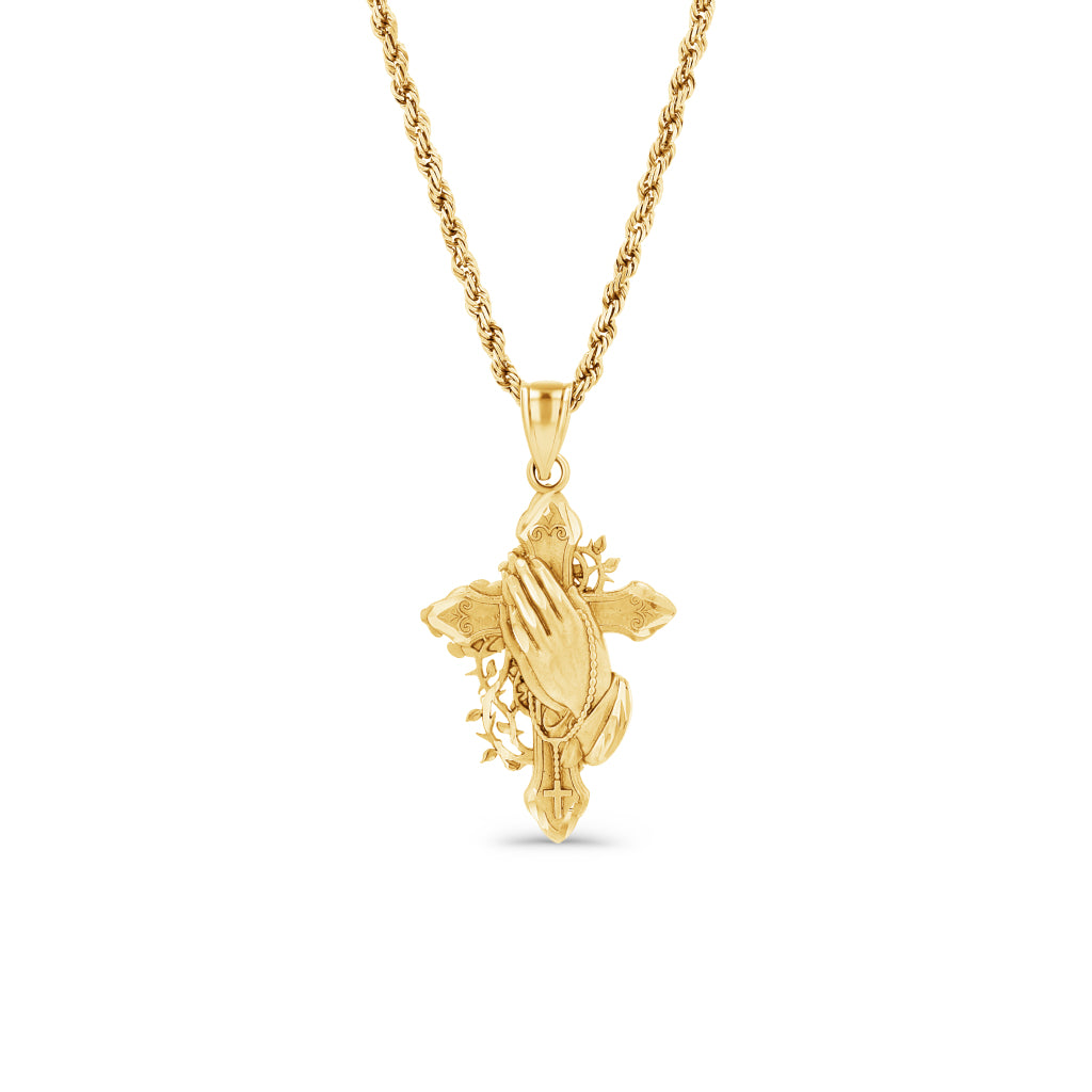 14K Gold Prayer Hands Cross Pendant