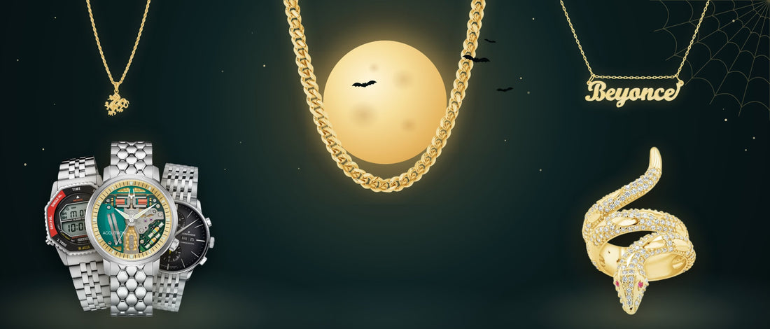Gold Cuban chain, dragon and name pendants, snake ring, and Seiko, Accutron and Junghans watches under a Halloween moon