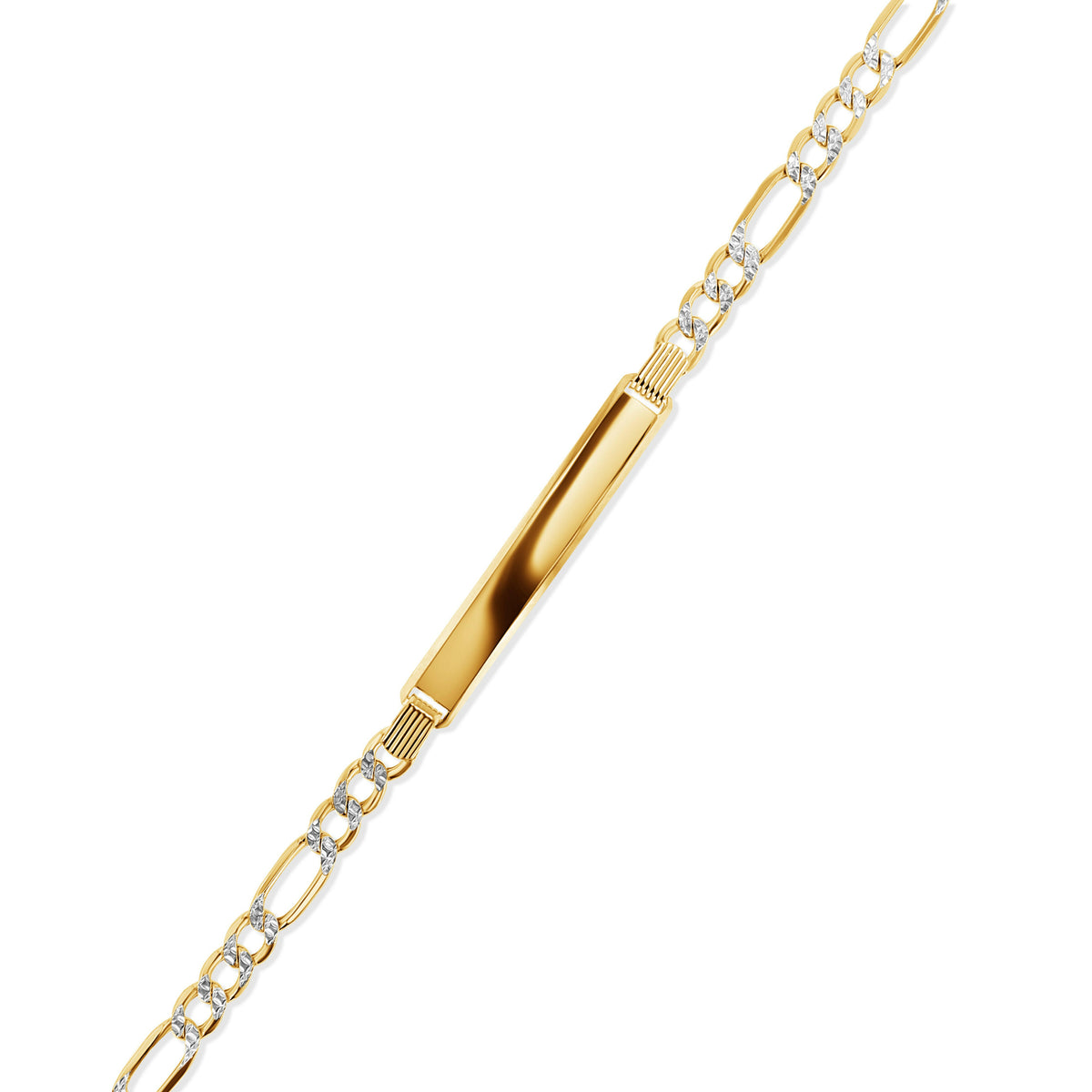 14K Gold Diamond Cut Figaro Chain ID Bracelet - Adult Plaque - 5mm