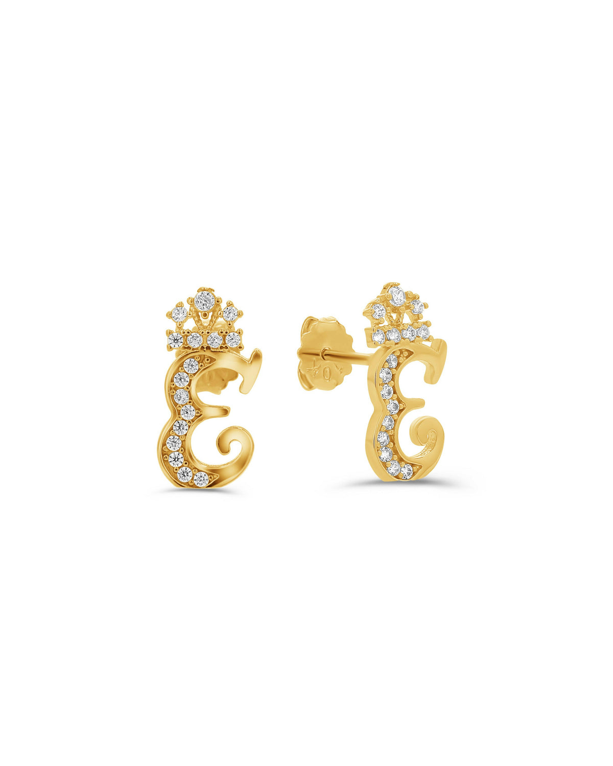 10K Gold Fancy Pavé Crown Initial Studs