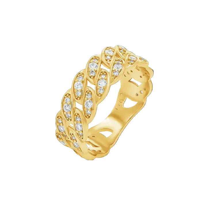 A yellow gold Cuban link style band ring embellished with small round clear stones.