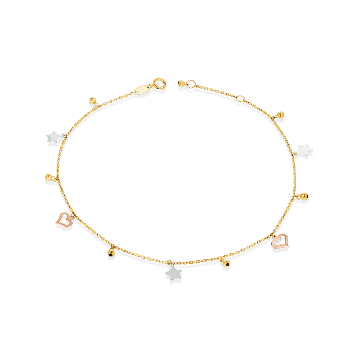 14K Tri-Color Star Heart Anklet 10"