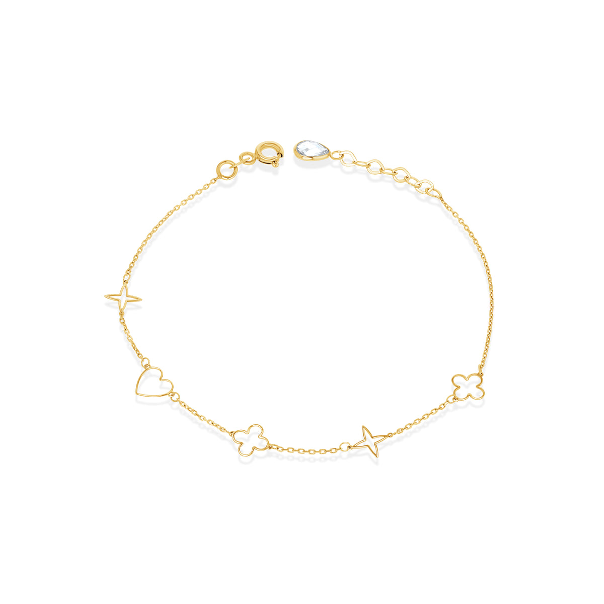 14K Gold Clover Heart Star Bracelet