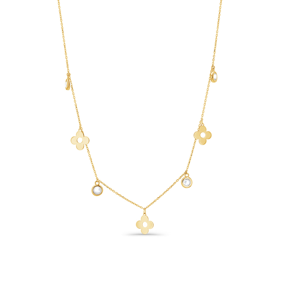 14K Gold Clover & Moon Stone Choker Necklace